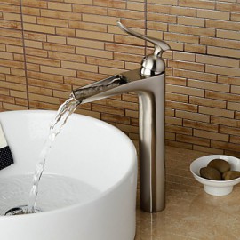 Fashionable Brass Nickel Brushed Heightening Waterfall Bathroom Sink Faucet - Matt Silver