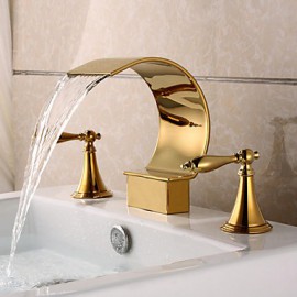 Gold Plating Deck Mounted 3 Pieces Waterfall Basin Water Tap