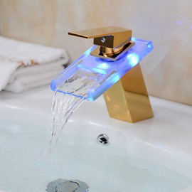 Led Color Changing Waterfall Glass Spout Bathroom Sink Faucet - Transparent Green + Gold