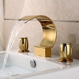 Luxury 3 Pieces Widespread Basin Waterfall Faucet Tap Gold Finish