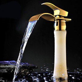 Luxury Wide Square Waterfall Spout Basin Sink Faucet Deck Mount One Hole Mixer Taps Golden Faucet Taps