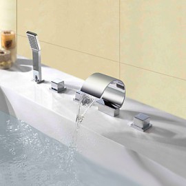 Mlfalls Contemporary Deck Mount Triple Handles Bathroom Waterfall Spout Faucet With Hand Shower