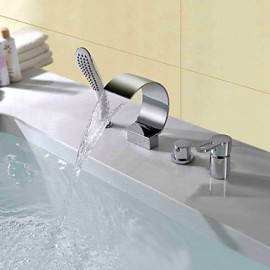 Mlfalls Contemporary Four Holes Deck Mount Brass Chromed Waterfall Bathroom Taps With Hand Shower
