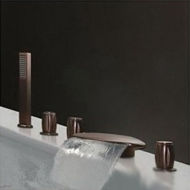 Mlfalls Deck Mount 5-Hole Brass Oil-Rubbed Bronze Finish Widespread Waterfall Bathroom Faucet With Hand Shower