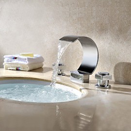 Modern Brass Two Handles Deck Mount Waterfall Basin Water Faucet Chrome Finish