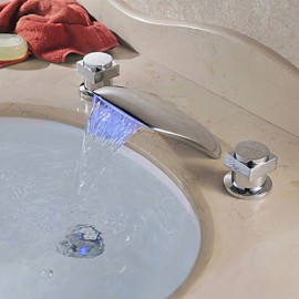 Modern Deck Mounted 2-Handles 3-Holes Led Flexible Change Waterfall Bathroom Basin Faucet