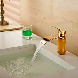 Modern Waterfall Brass Imitation Jade Ti-Pvd Bathroom Sink Faucet - Golden