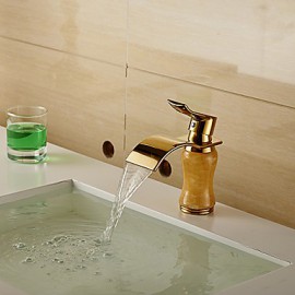 Modern Waterfall Brass Imitation Jade Ti-Pvd Bathroom Sink Faucet - Golden