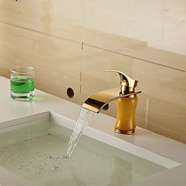 Modern Waterfall Brass Imitation Jade Ti-Pvd Bathroom Sink Faucet - Golden