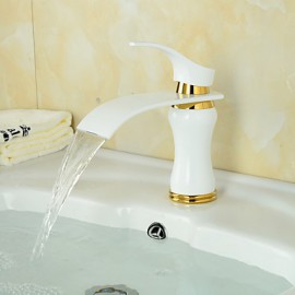 Modern Waterfall Brass Paint Ti-Pvd Bathroom Sink Faucet - White+Golden
