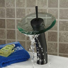 Orb Round Solid Brass Waterfall Sink Basin Faucet / Glass Spout-Black + Transparent Green