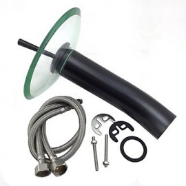 Orb Round Solid Brass Waterfall Sink Basin Faucet / Glass Spout-Black + Transparent Green