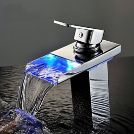 Personalized Bathroom Sink Faucet Contemporary Chrome Finish Brass Single Handle Waterfall With Led Light