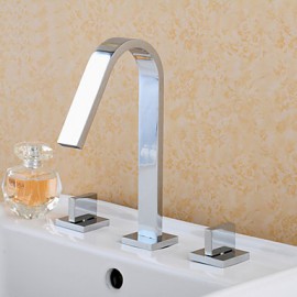 Polished Chrome Deck Mounted Bathroom Dual Handles Basin Sink Mixer Faucet Three Holes With Hot And Cold Water