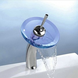 Round Solid Brass Waterfall Sink Basin Faucet W/ Glass Spout - Silver + Translucent Blue