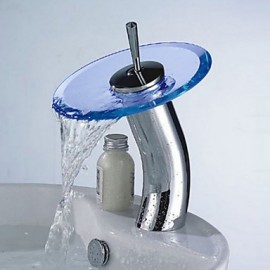 Round Solid Brass Waterfall Sink Basin Faucet W/ Glass Spout - Silver + Translucent Blue