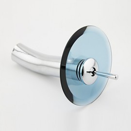 Round Solid Brass Waterfall Sink Basin Faucet W/ Glass Spout - Silver + Translucent Blue