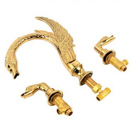 Separated Type Two Handles Ornate Swan Shape Bathroom Basin Faucet - Gold