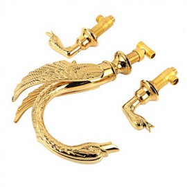 Separated Type Two Handles Ornate Swan Shape Bathroom Basin Faucet - Gold