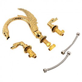 Separated Type Two Handles Ornate Swan Shape Bathroom Basin Faucet - Gold