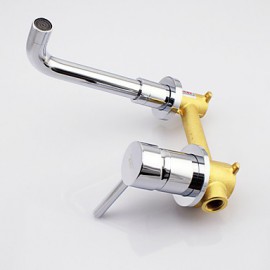 Contemporary Chrome Finish Brass Two Holes Single Handle Wall Mounted Bathroom Sink Faucet