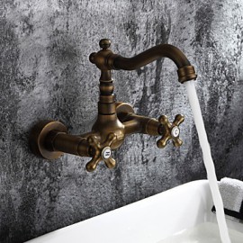 Antique Inspired Bathroom Sink Faucet - Wall Mount (Antique Brass Finish)