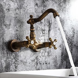 Antique Inspired Bathroom Sink Faucet - Wall Mount (Antique Brass Finish)