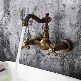 Antique Inspired Bathroom Sink Faucet - Wall Mount (Antique Brass Finish)