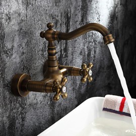 Antique Inspired Bathroom Sink Faucet - Wall Mount (Antique Brass Finish)