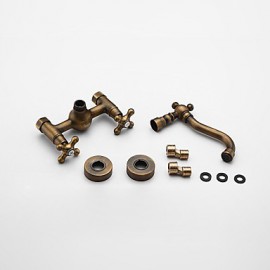 Antique Inspired Bathroom Sink Faucet - Wall Mount (Antique Brass Finish)