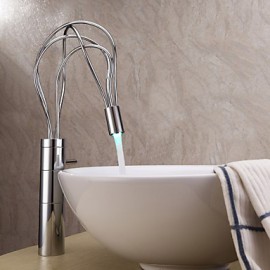 Contemporary Chrome Finish Single Handle Led Bathroom Sink Faucet(Tall)