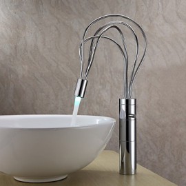 Contemporary Chrome Finish Single Handle Led Bathroom Sink Faucet(Tall)