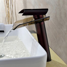 Oil Rubbed Bronze Waterfall Bathroom Sink Faucet With Glass Spout