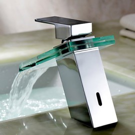 Waterfall Bathroom Sink Faucet With Glass Spout(Chrome Finish)