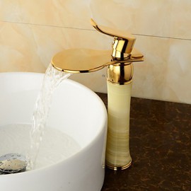 Ti-Pvd Finish Jade Brass Waterfall Golden Bathroom Sink Faucet