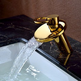 Ti-Pvd Finish Solid Brass Waterfall Golden Bathroom Sink Faucet