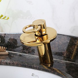 Ti-Pvd Finish Solid Brass Waterfall Golden Bathroom Sink Faucet