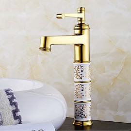 Transitional Gloden Brass Hot And Cold Single Handle Tall Bathroom Sink Faucet Basin Mixer