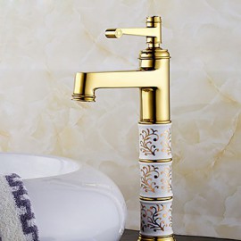 Transitional Gloden Brass Hot And Cold Single Handle Tall Bathroom Sink Faucet Basin Mixer
