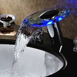 Two Handles Led Waterfall Hydroelectric Power Glass Bathroom Sink Faucet Chrome Finish