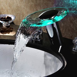 Two Handles Led Waterfall Hydroelectric Power Glass Bathroom Sink Faucet Chrome Finish