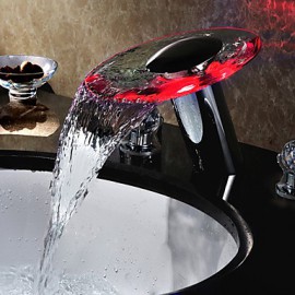 Two Handles Led Waterfall Hydroelectric Power Glass Bathroom Sink Faucet Chrome Finish
