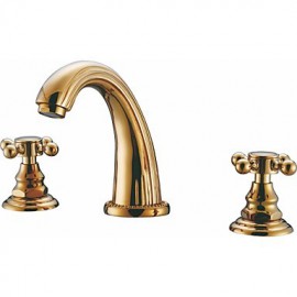 Widespread Bathroom Sink Faucet With Low Cross Handles And Low Gooseneck Spout, Vibrant Moderne Polish Gold