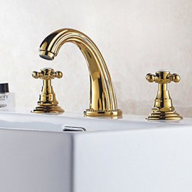 Widespread Bathroom Sink Faucet With Low Cross Handles And Low Gooseneck Spout, Vibrant Moderne Polish Gold
