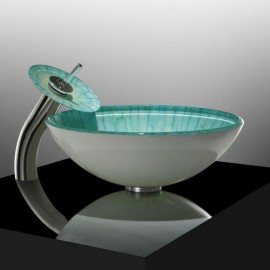 Countertop Tempered Glass Washbasin With Matching Waterfall Faucet
