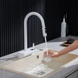 White Copper Pull-Out Kitchen Faucet With Digital Display