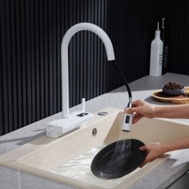 White Copper Pull-Out Kitchen Faucet With Digital Display