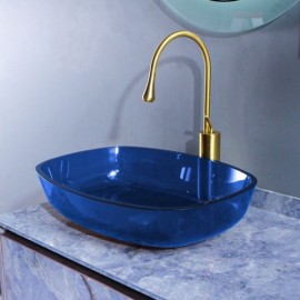 Blue Tempered Glass Countertop Basin For Bathroom