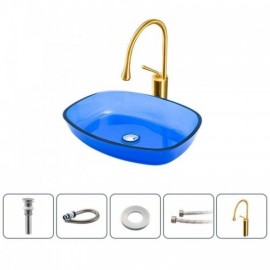 Blue Tempered Glass Countertop Basin For Bathroom