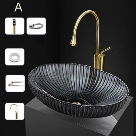 3 Colors Glass Sink For Hotel Bathroom Without/With Faucet